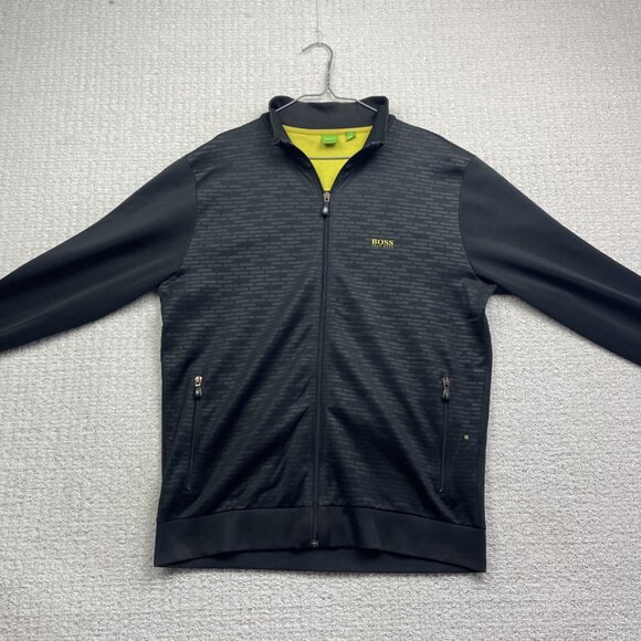 Hugo Boss Track Jacket Tech Full Zip Men L Geometric Black AOP w/ Yellow Logo - Picture 6 of 16
